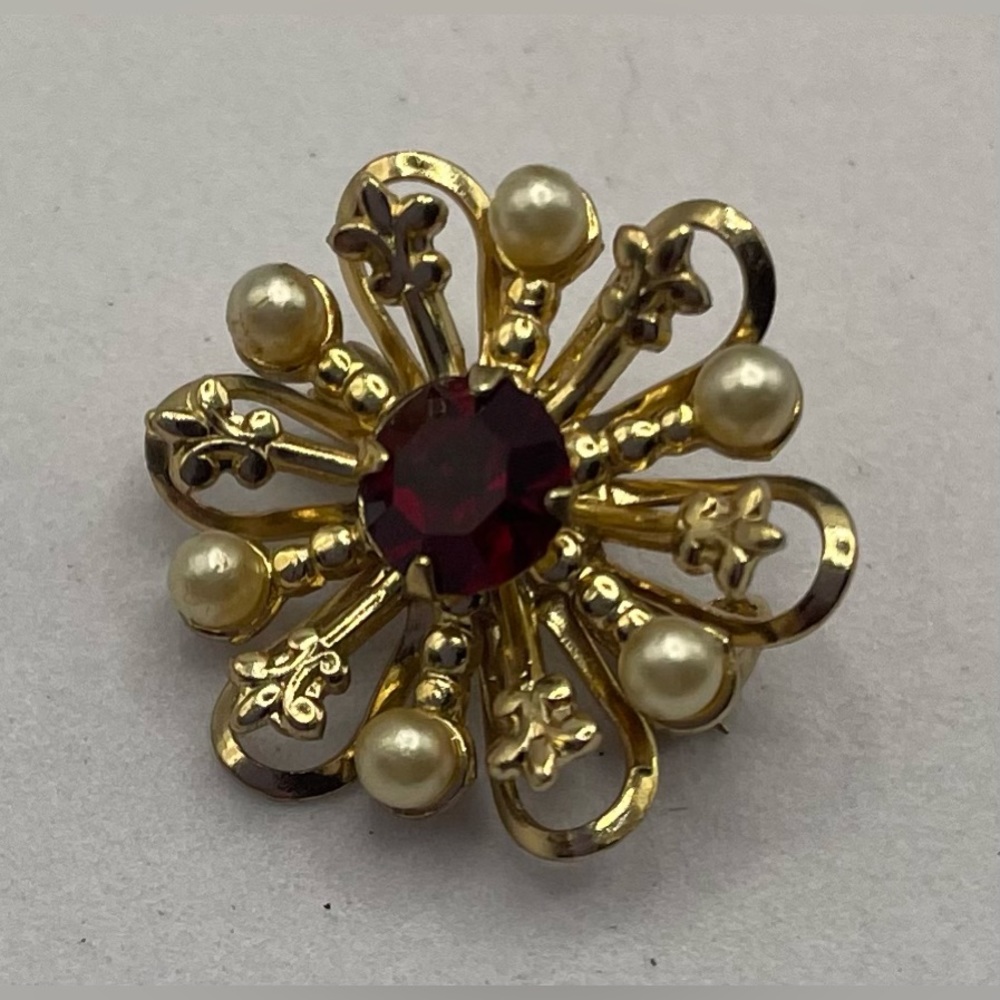 Vintage Scatter Pin Dainty GoldTone Brooch Crystal & Faux Pearls Floral Trending